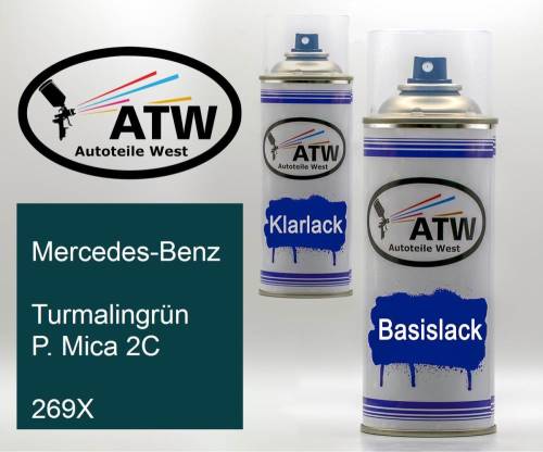 Mercedes-Benz, Turmalingrün P. Mica 2C, 269X: 400ml Sprühdose + 400ml Klarlack - Set, von ATW Autoteile West.
